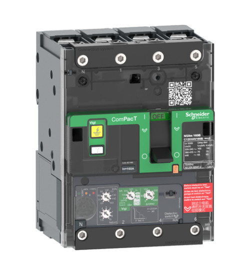 C12B44V160B - Circuit breaker ComPacT NSXm B (25kA at 415VAC), 4 Poles 4d, 160A rating Micrologic 4.1 trip unit, lugs and busbar connectors - Schneider Electric