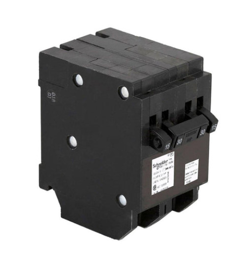 CHOMT1515230 - Quad tandem circuit breaker, Homeline Canadian, 2 x 1 pole at 15A, 1 x 2 pole at 30A, 120/240VAC, 10kA AIR, plug in, UL | Schneider Electric