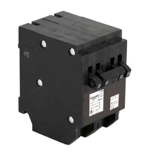 CHOMT2020250 - Quad tandem circuit breaker, Homeline Canadian, 2 x 1 pole at 20A, 1 x 2 pole at 50A, 120/240VAC, 10kA AIR, plug in, UL | Schneider Electric