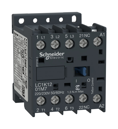 LC1K1201M7 - TeSys K contactor AC 3P AC AC-3 <= 440 V 12 A - 1 NC aux. - 220...230 V AC coil - Schneider Electric