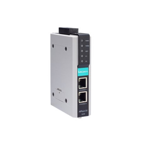 NPort IA-5250I-T, 2-port RS-232/422/485 device server with 2 100BaseT(X) ports (RJ45 connectors, single IP), 2 KV optical isolation, -40 to 75°C operating temperature